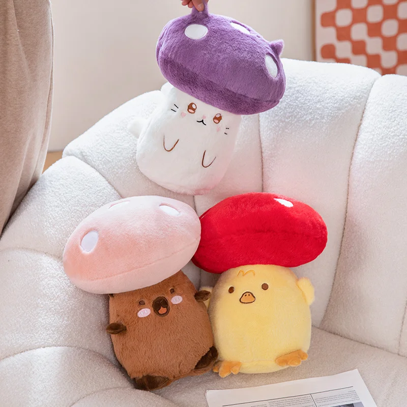 New Kawaii Mushroom Cosplay Cuddly Capybara Yellow Duck Kitten Doll Plushie Stuffed Soft Plant Baby Appease Pillow for Kids Gift