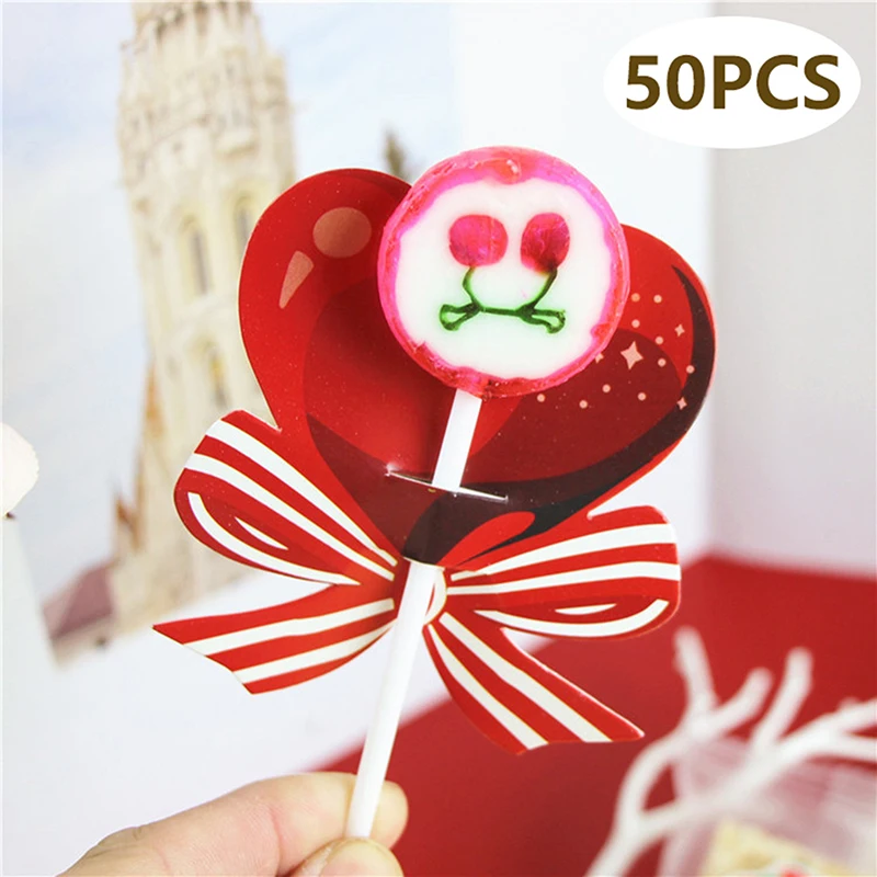 

50pcs Red Heart Bow Lollipop Decorating Cards For Valentine's Day Wedding Birthday Party Supplies Candy Decorations Favors Gift