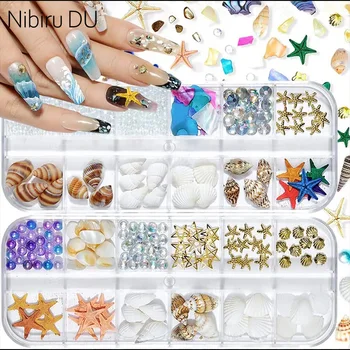 12 Grids Summer Ocean Themed Nail Art Charms Natural Abalone Shells Starfish Irregular Slices DIY Nail Decorations Accessories 1