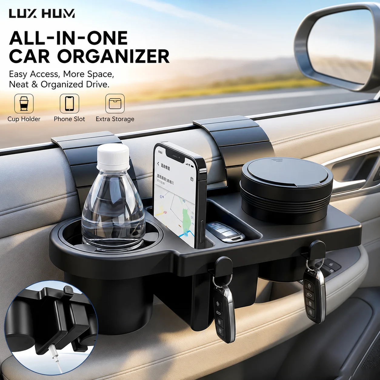 Organizer 3-in-1 per Portiera Auto con Posacenere, Scatola Portaoggetti da Appendere al Finestrino, Slot per Telefono, Portabicchieri, Gancio Portachiavi, Universale per Camion/Auto