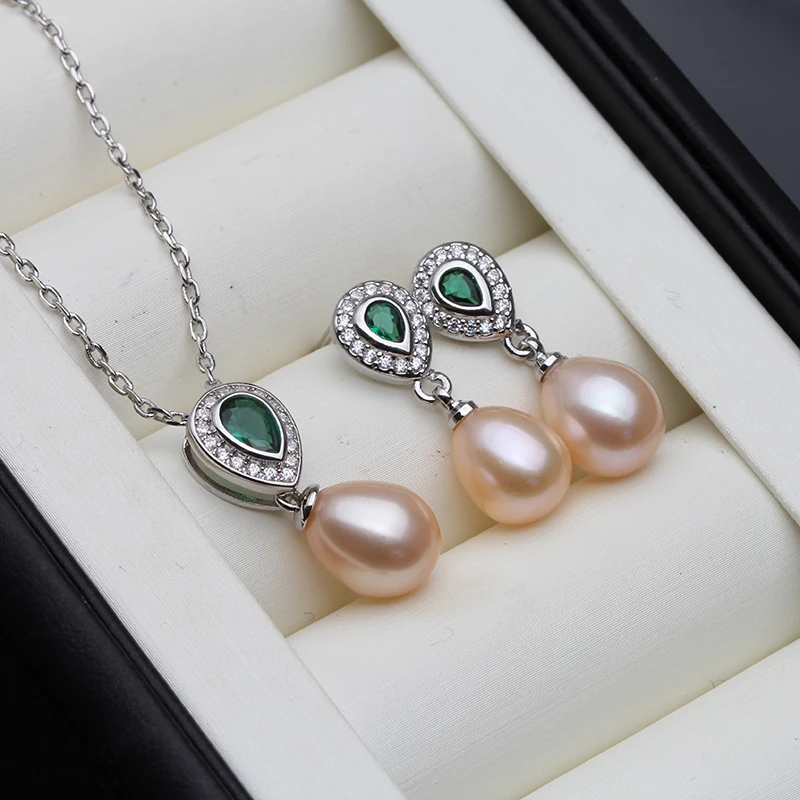 Real 925 Sterling Silver Necklace Natural Pearl Jewelry Sets For Women Bohemian Stud Earrings Sapphire Pendant