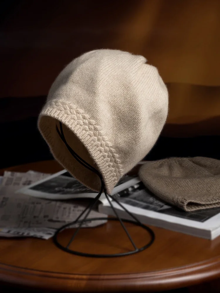 Autumn Winter Women Cashmere 35% Beanie Hat Thick Casual Hat Bottom Pattern Warm Soft Wool Real Pushmina Cap 3