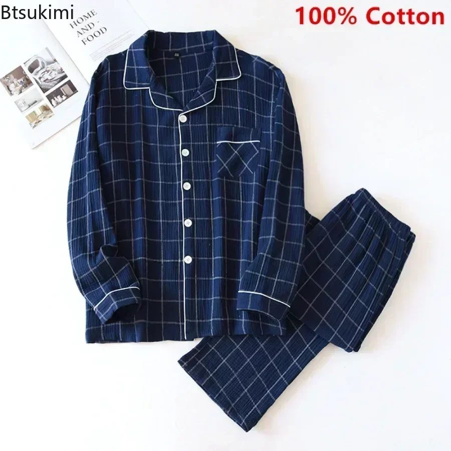 2024 Men's Casual Plaid Pajama Sets Soft 100% Cotton Pajamas Lounge for Men Long Sleeved Shirts and Pants Sets Homewear Clothing 100% cotton men pajama sets plus size 3xl causal loose long sleeve long pants letter print patchwork lounge set male pajamas