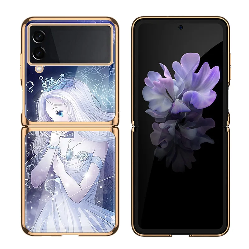 Z Flip 4 Funda Case for Samsung Galaxy Z Flip 4 3 2 1Dream Girl Plating Tempered Glass Coque Protection Phone Case Cover
