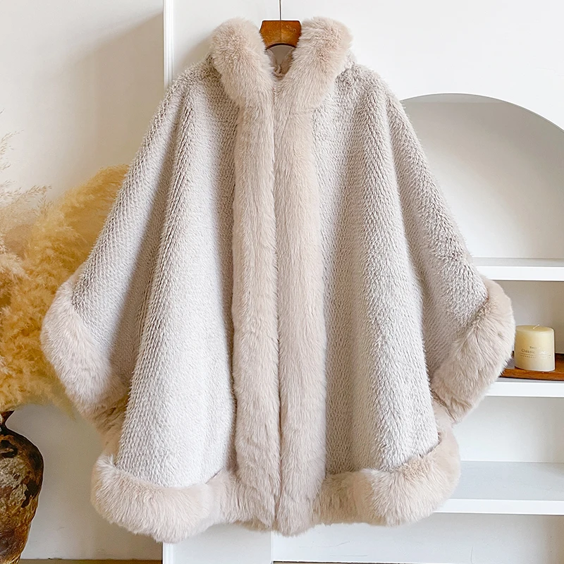 Winter New Women's Thicken Mink Wool Full Trims Faux Fur Cape - Hooded Loose Fleece Cloak Coat Party Dress Wraps Warm