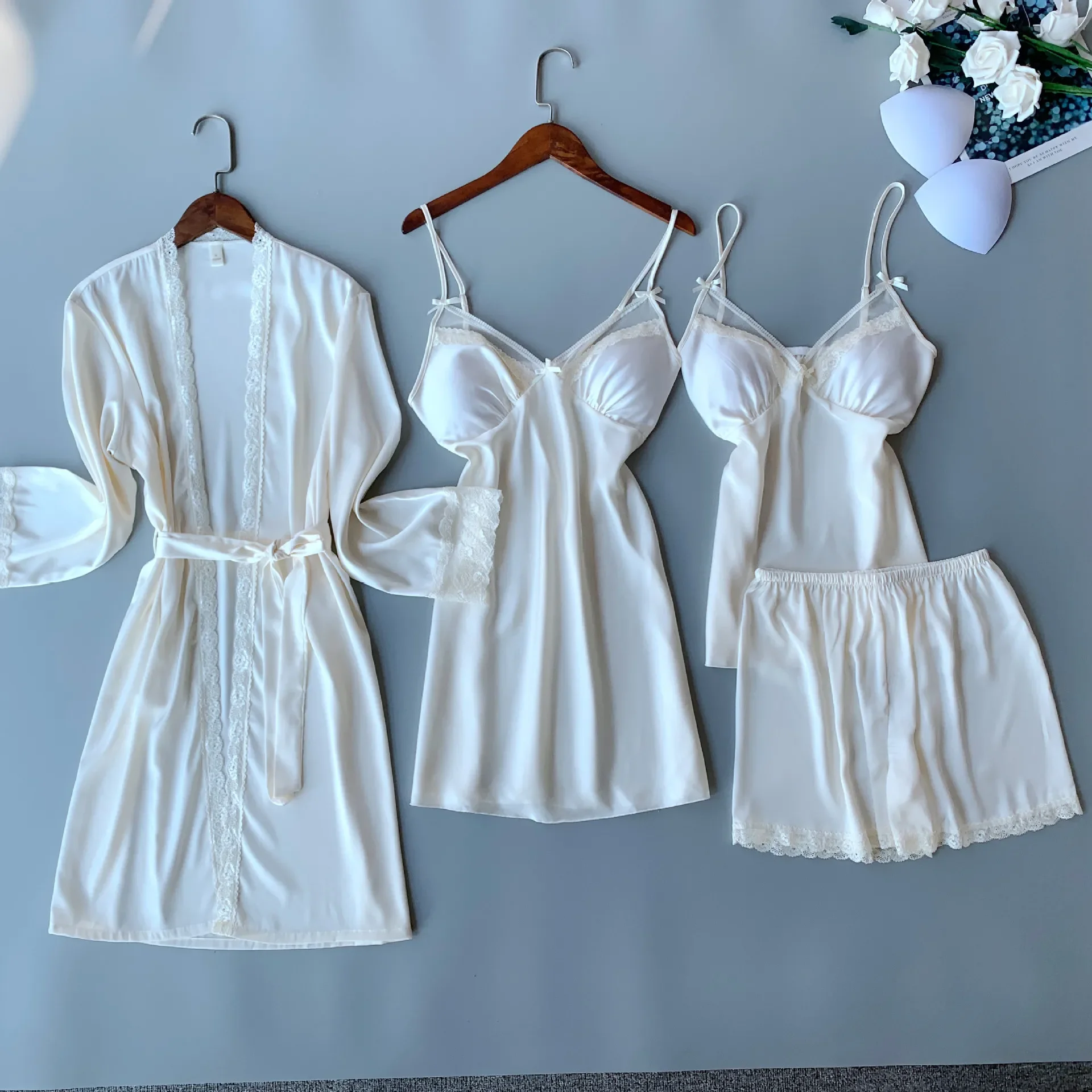 pajamas-women's-four-piece-summer-sexy-lace-long-sleeve-nightgown-silk-suspenders-nightdress-palace-style-home-service