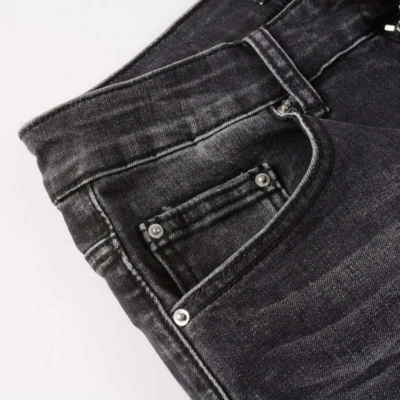 Men's Cracked Bandana Patch Jeans Streetwear Paisley Printed Pleated Patchwork Biker Pants Skinny Tapered Stretch Denim Trousers 3