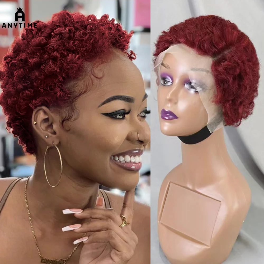 13x4 Lace Frontal Short Pixie Cut Curly Wave 99J Color Human Hair Wigs 180% Density Human Hair Wig for Black Women