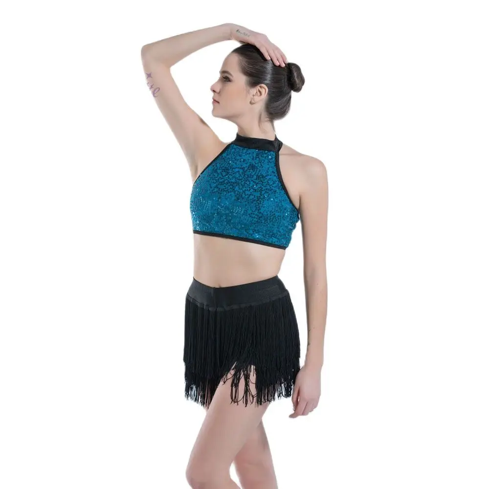 

Dance Favourite Dance Costumes 19613 New Lyrical Contemporay Dance Costume Sequin Lace halter neck top bodice with tassel skirt