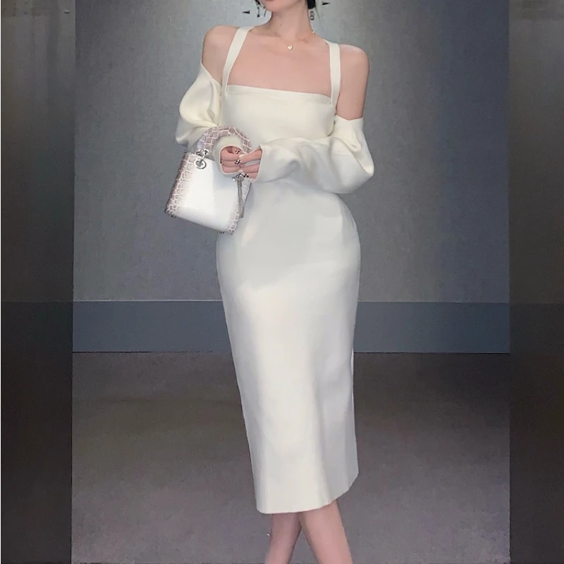 

Solid Color Women's French Retro Party Dress Suit Sweater Mid-length Suspender Dress Autumn Elegant Knitted Two-piece Fashion