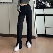 

Slit Leg Black Flare Pants Women Office Lady Full Length Clothes Solid Straight Vintage Streetwear Work 2022 Spring New