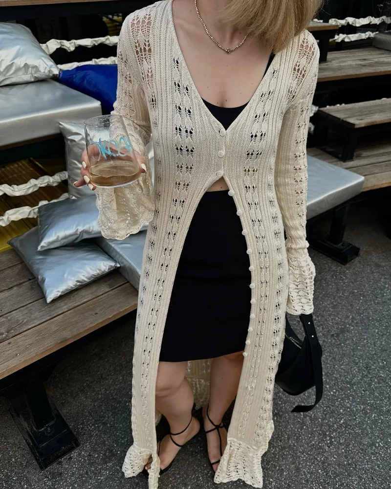 Deep V Neck Long Cardigan Dress - Elegant Hollow Knit Cover Up for Women