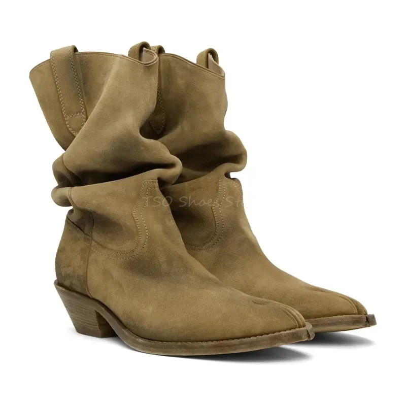 Pleated Fashion Split Toe Short Boots Men Shoes Winter Retro West Cowboy Mid Calf Boots High-Top Casual Boots Wear-Resistant