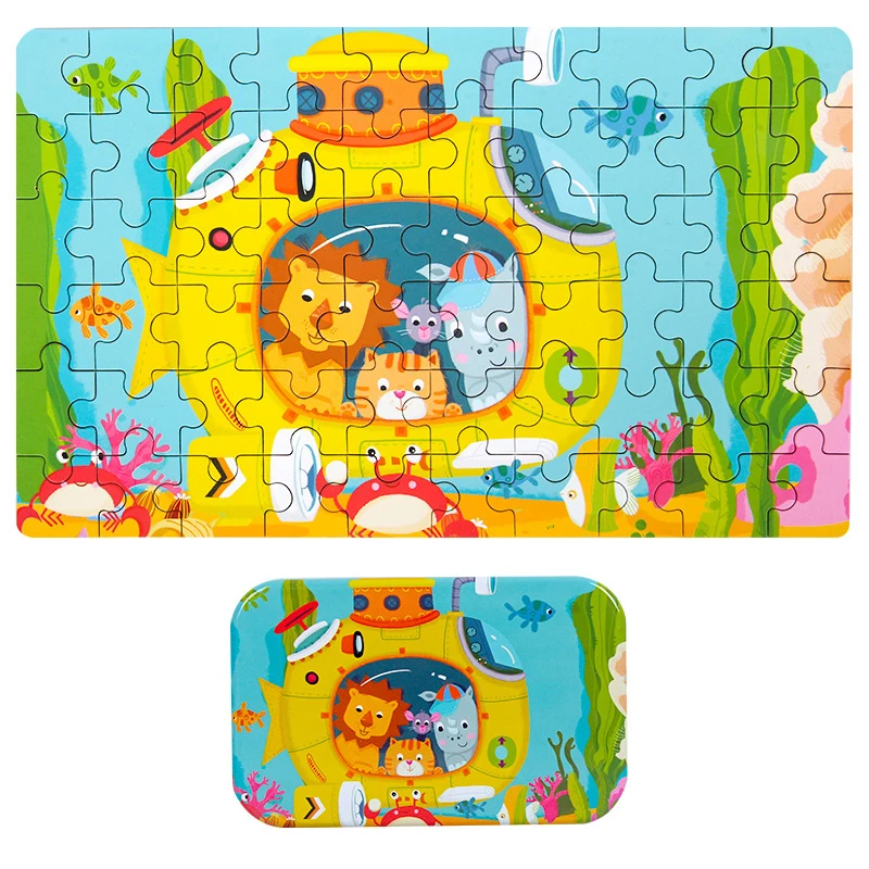 Cartoon Girl Boy Children Toddler Wooden Game Puzzle Paper Puzzle Iron Box 60 Metal Tin Box Children's Toy Holiday Gift