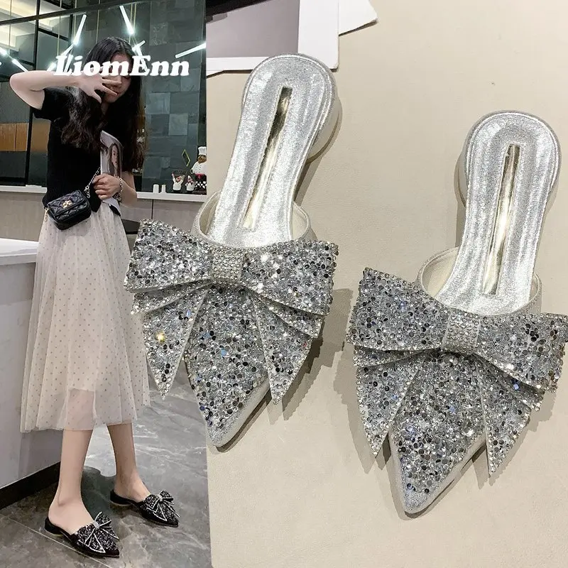 Bling Crystal Bowknot Low Heels Mules Women Party Wedding Shoes 2022 Trend Summer Slippers Outdoor Casual Slides Luxury |