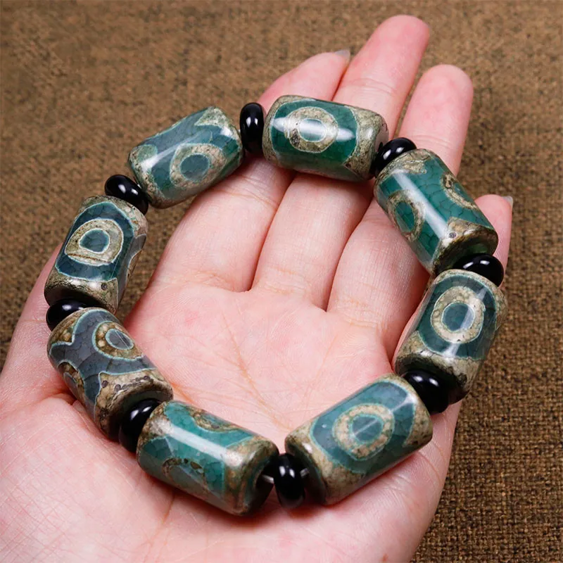 

Natural Stone Agate Three-Eyed Dzi Beads Bracelet Tibetan Buddhist Beads Green Men Ladies Jade Beads Bracelet Meditation Jewelry