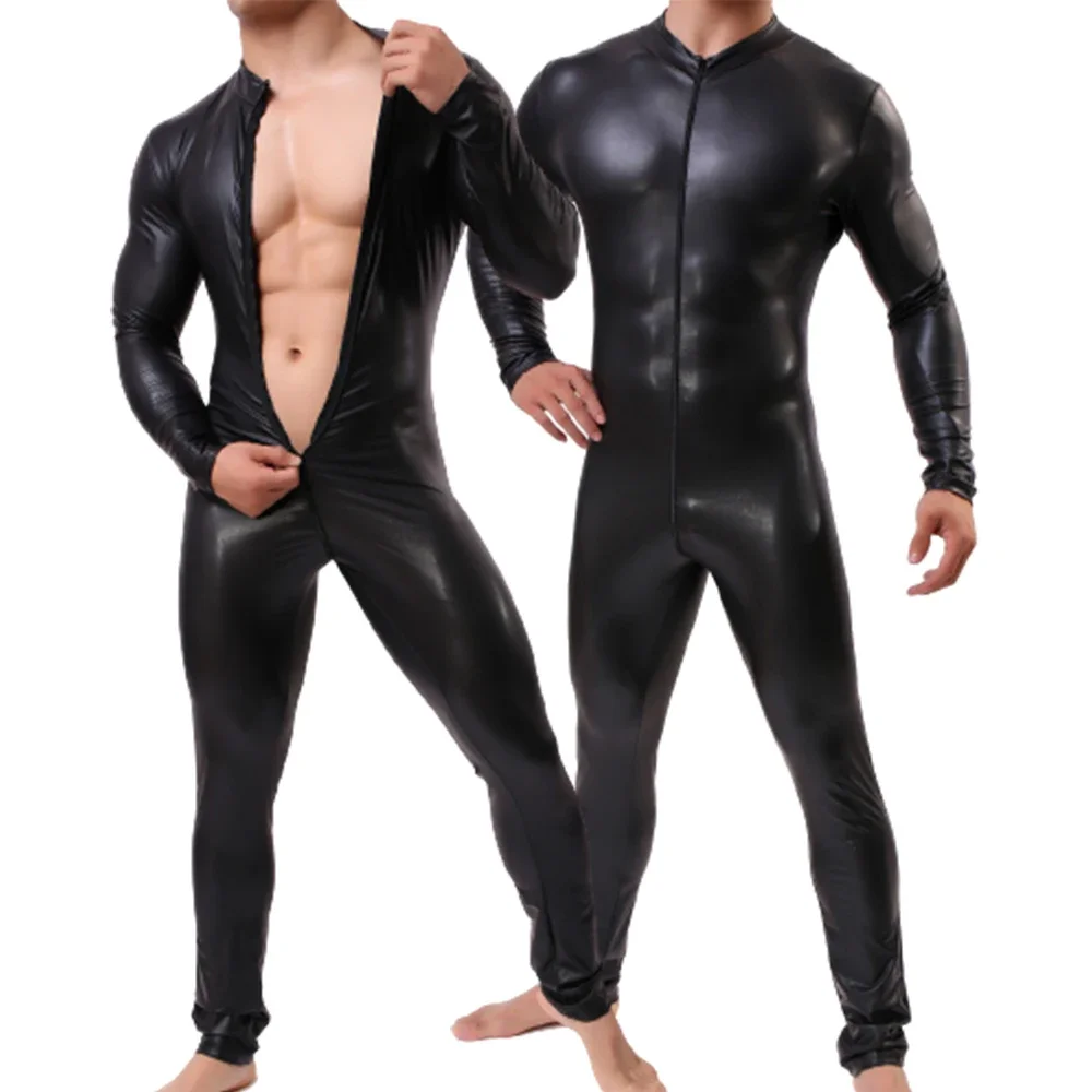 

Men Sexy Faux Leather Zipper Open Crotch Bodysuit Gay Hot Lingerie Catsuit Night Clubwear Fetish Bodybuilding Wrestling Costume