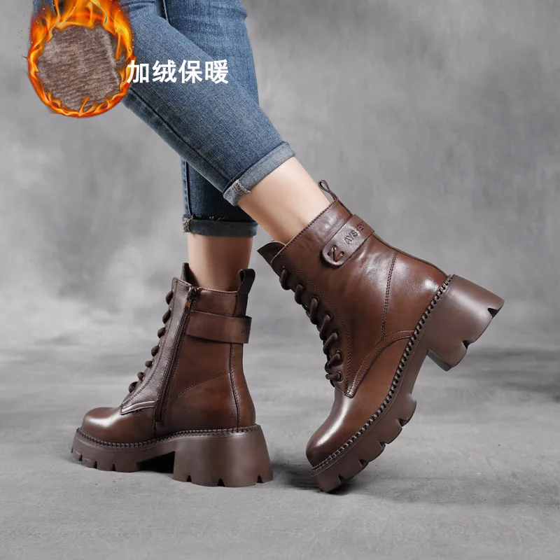 

New Arrival Hot Sale Washed First Layer Cowhide Thick Heel High Heel Martin Fleece-Lined Cotton Leather Casual Platform Ankle