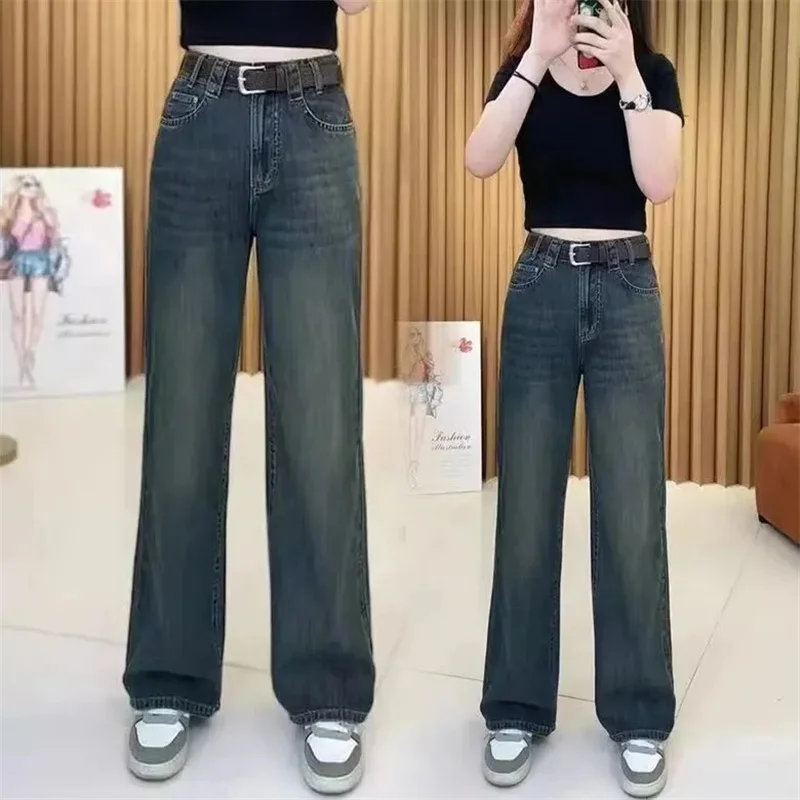 

Retro Style Female Cement Ash Wide Legs Jeans 2024 Women High Waisted Mop Denim Pants Autumn Ladies Straight Leg Cowboy Trousers