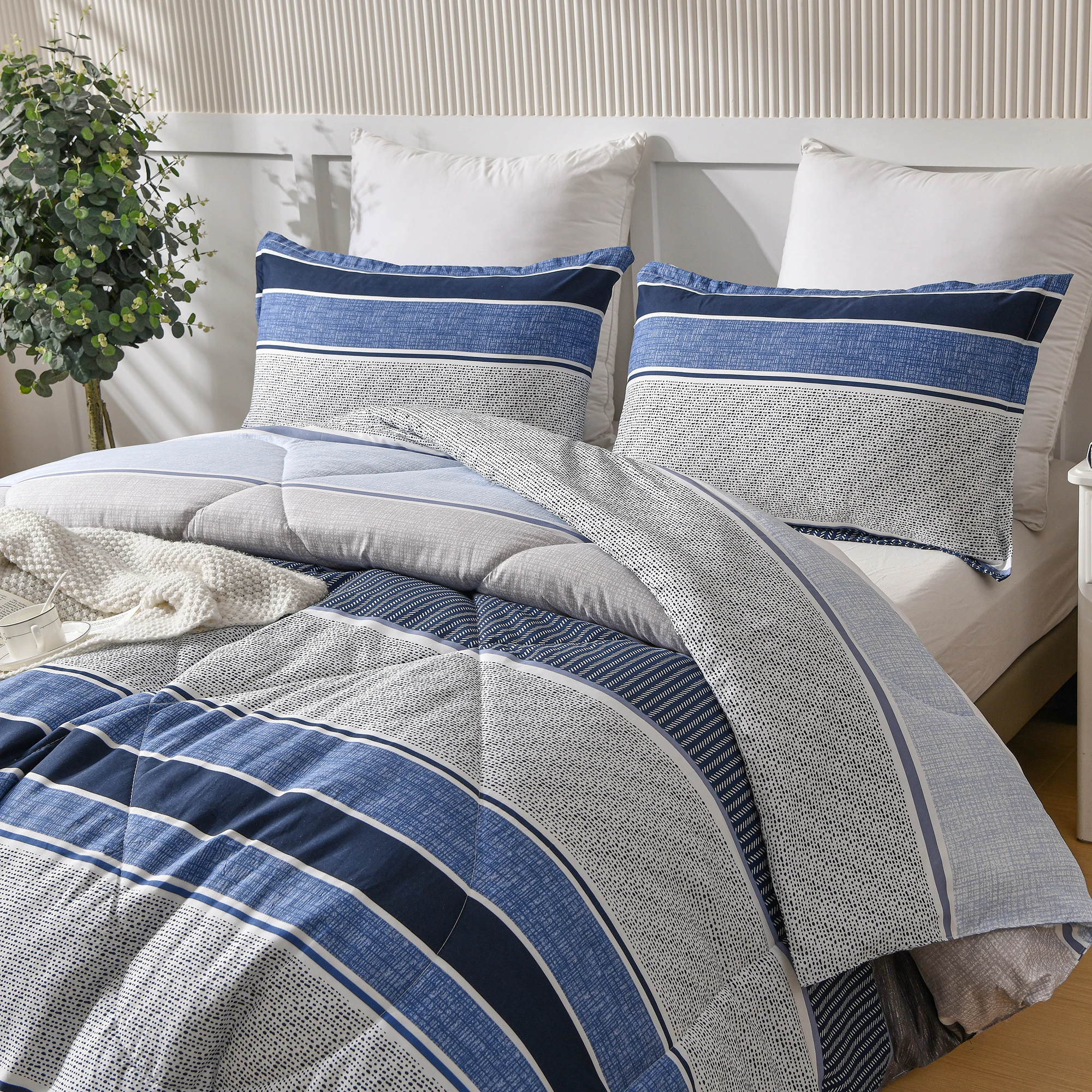 Gray Royal Blue Striped Comforter Bedding Set