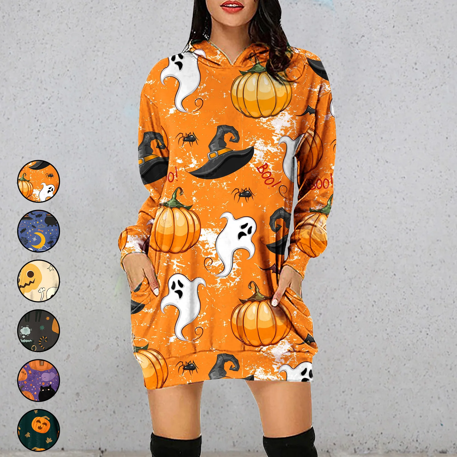 

European and American women's autumn and winter new Halloween women's hooded long sleeve dress
