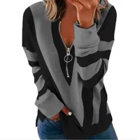 Striped Shirts Winter Blouse With Zipper V-Neck Long Sleeve