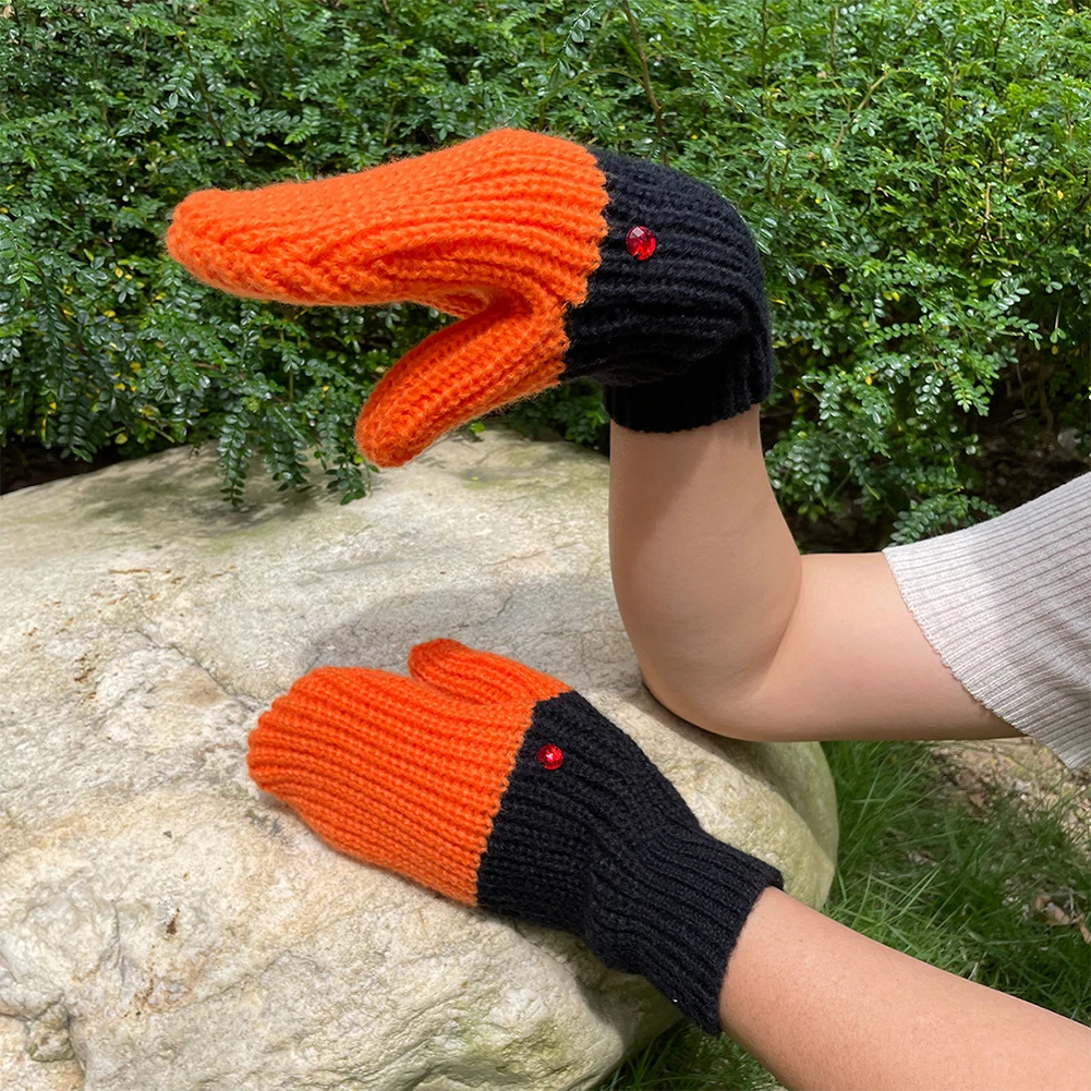 Winter Cold-Proof Unisex Cartoon Duck Mittens Three Swan Full Finger Gloves Knitted Wool Warm Accessories For Children Adult