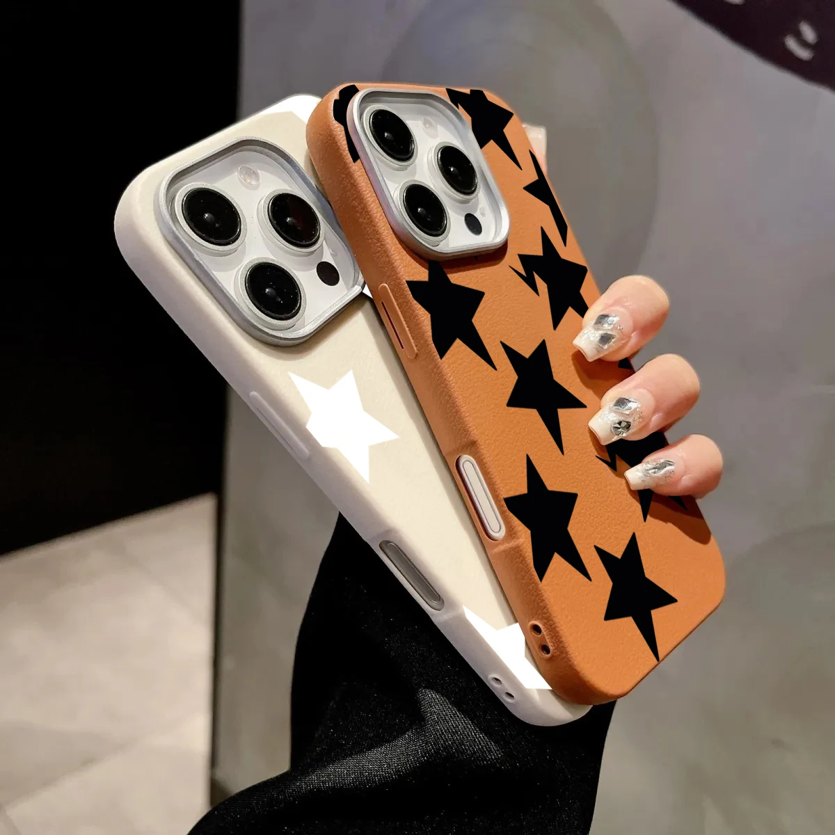Black White Stars Lichee Pattern Shockproof Phone Case with Bumper Protection