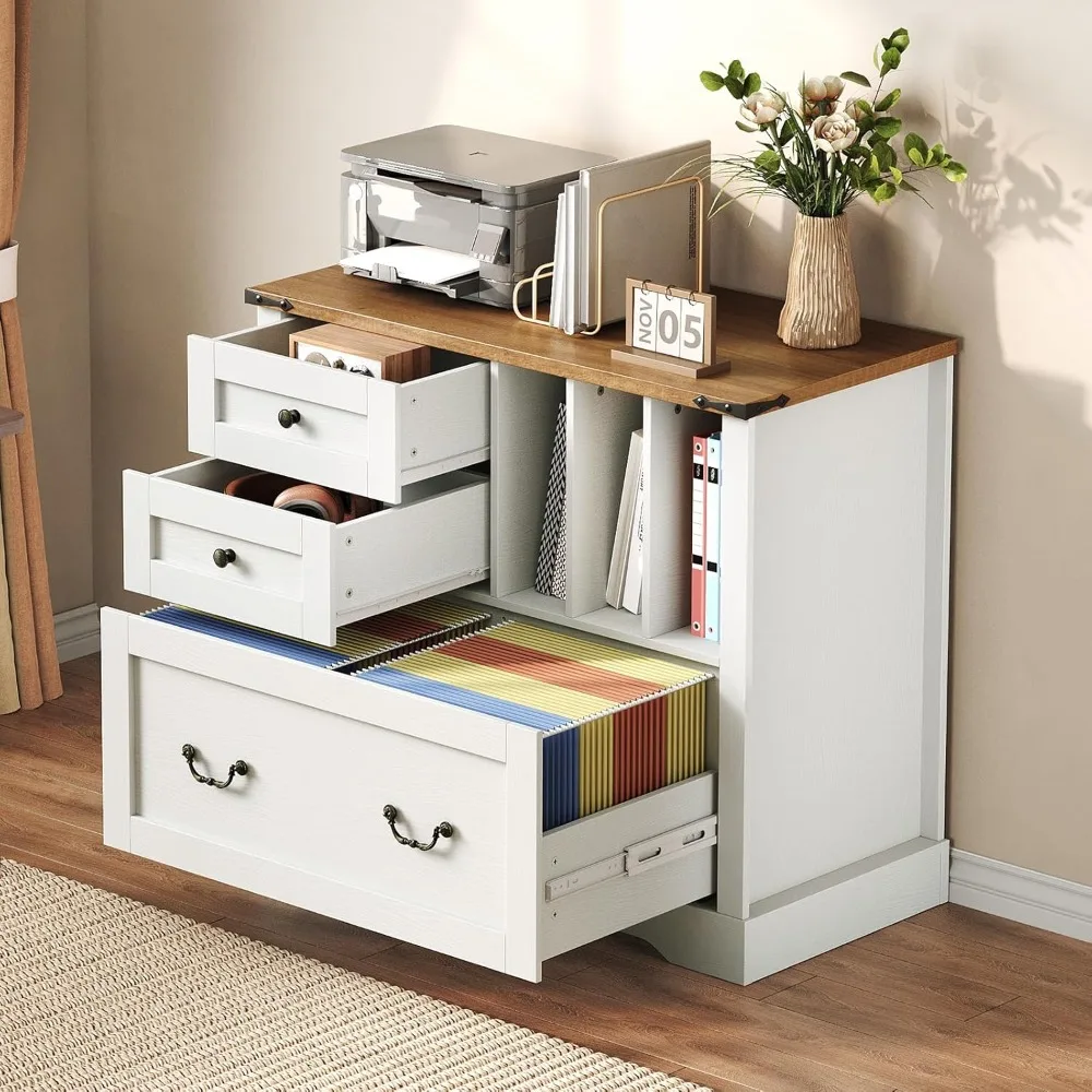 farmhouse file cabinet for home office, lateral filing cabinet with 3 drawers & folder organizer, office storage cabinet for a4