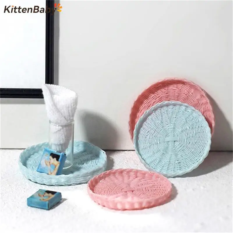 

1Pcs 1:12 Dollhouse Miniature Simulation Plastic Rattan Woven Basket Bread/Fruit Basket Tea Cup Tray Round Case Container Toy