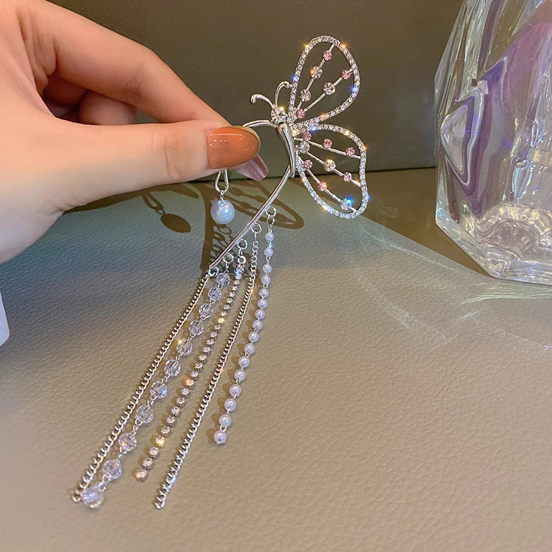 New Trendy Long Butterfly Clip Earrings Ear Hook Pearl Clips Without Pierced Ears Chain Women Girls Jewelry | Украшения и