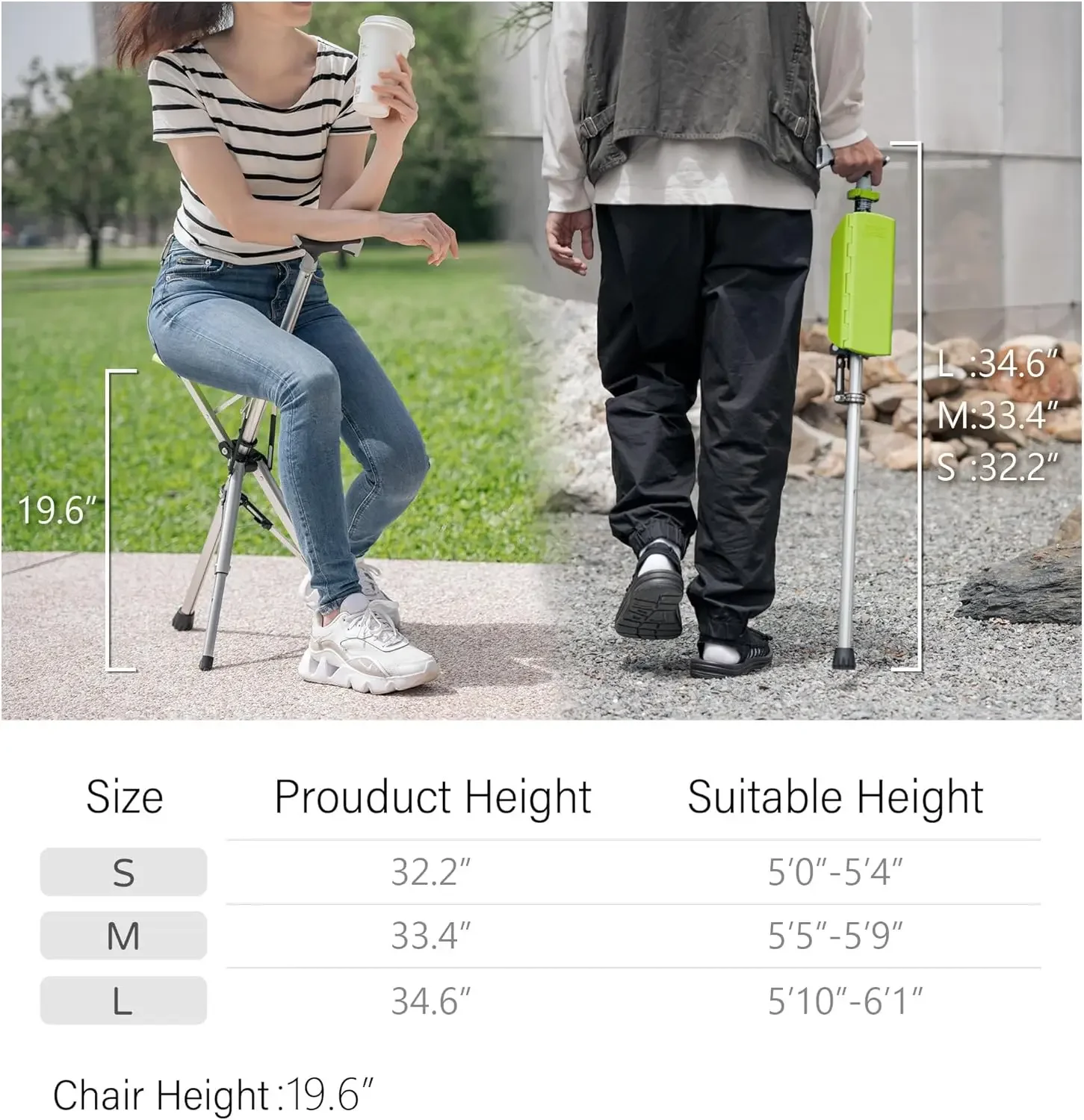 Chair, Portable Trekking Hiking Pole, Folding Walking Stick with Seat, Walking Cane with Foldable