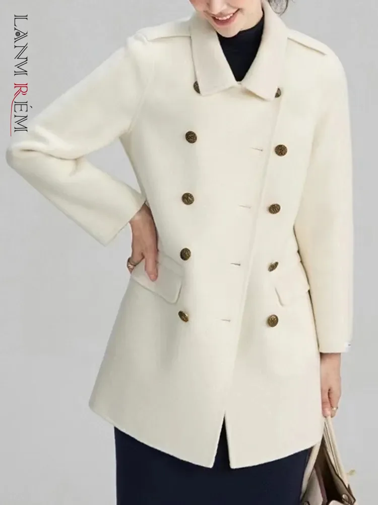 

LANMREM Women Wool Mid Length Winter Coat Women Fashion Lapel Double Breasted Solid Color Loose Clothing 2023 New 2AA3390