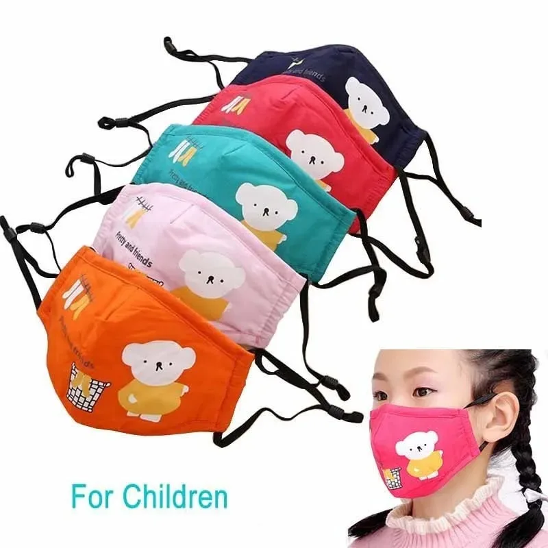 Children's Cartoon Bear Cotton Face Mask with PM2.5 Dust Protection and Reusable Activated Carbon Filter