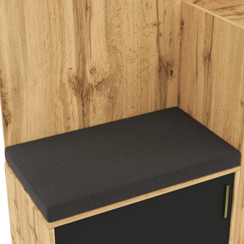 Kompakter Kleiderschrank mit Spiegel und Bank, Flurgarderobe mit Schuhschrank und Haken, Flurmöbel-Set, in Holzoptik – Detail 24