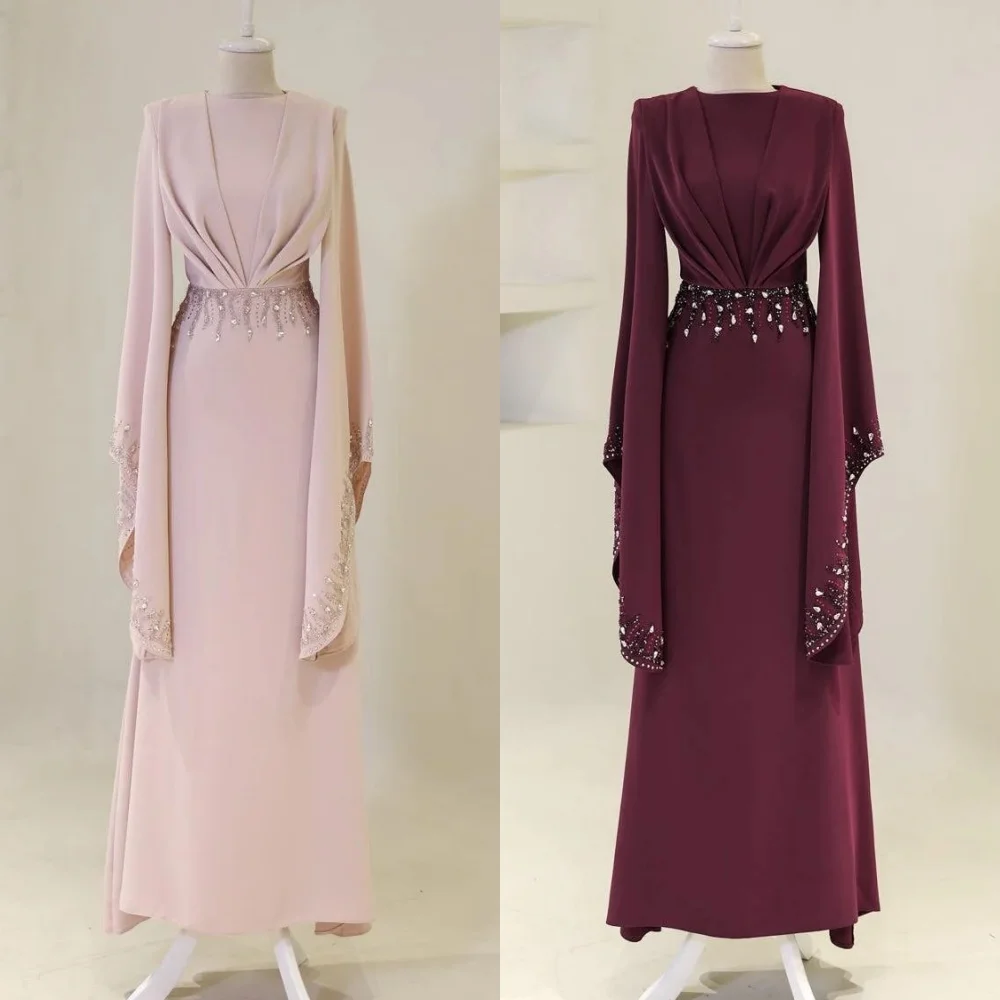 Robes longues personnalisées de haute qualité, Jersey formel plissé, perles, paillettes, col rond, robes d'occasion sur mesure, Style moderne