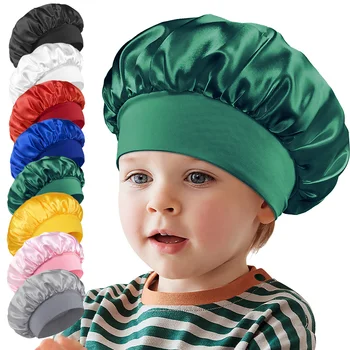 Kids Girls Boys Satin Night Sleep Cap Wide Band Elastic Turban Bonnet Hair Care Beanie Nightcap Scarf Bandana Headwear Children