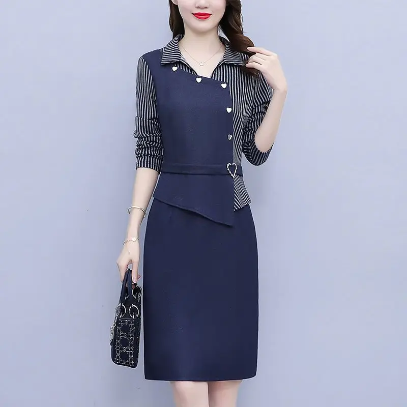 

Fashion Striped Asymmetrical Elegant Dress Women Clothing 2023 Autumn New Loose Office Lady Casual Dresses