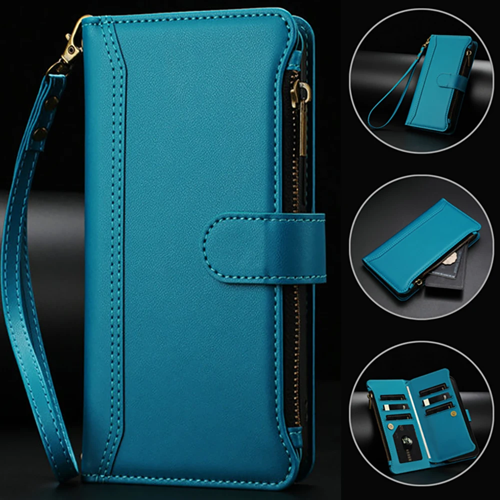 Crossbody Leather Zipper Wallet Case with 9-Card Holder and Flip Cover