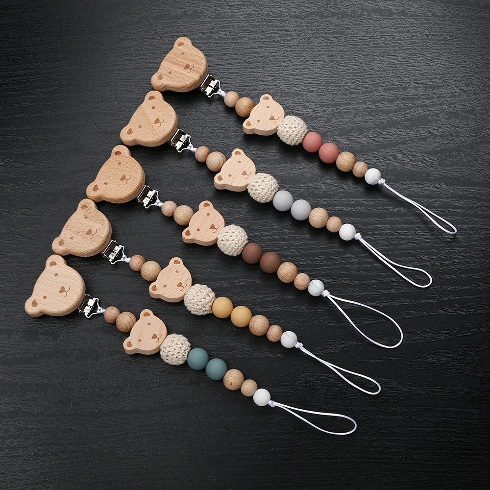 New Wood Chew Silicone Beads Pacifier Clips Dummy Chain Holder Newborn Soother Chains Nipple Holder Infant Teething Toys Gifts