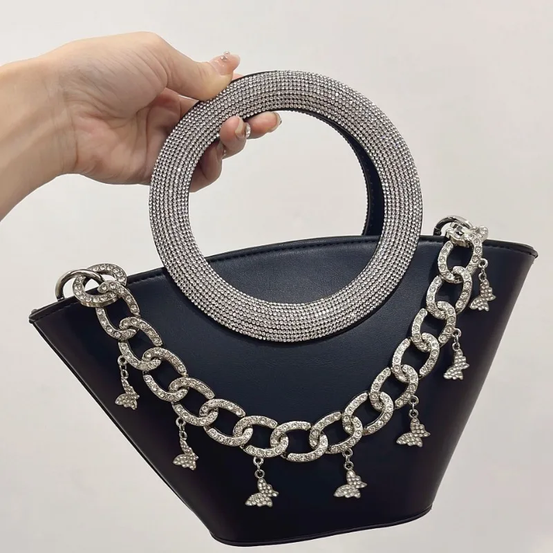 New luxury fashion girl ins studded round handle portable basket bag shoulder crossbody women's bags