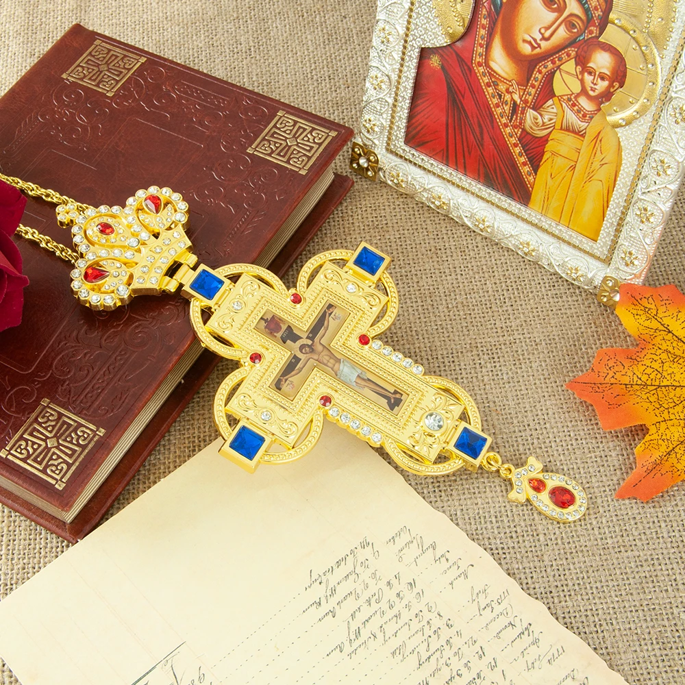 HTISOK Orthodoxer christlicher Kreuz-Anhänger, vergoldet mit Edelsteinen, Strasssteinen, orthodoxes Geschenk für Pastor, Ostern, Hochzeit, Kirche – Detail 11