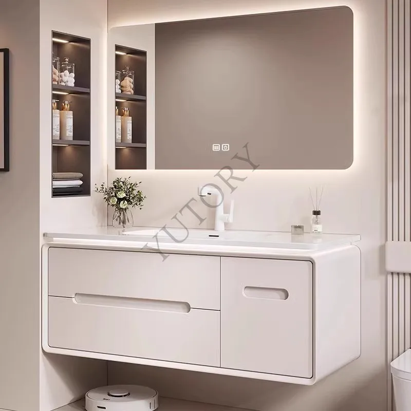 Cream Wind Light Luxury Oak Integrated Ceramic Basin Bathroom Cabinet Combination Bathroom Wash Table Washbasin