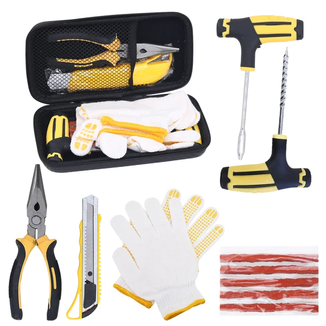 Car Tire Repair Tool Kit Studding Set Auto Bike Puncture Plug Garage Needle Nose Pliers Vacuum Film Nail Screws W/ Storage Case 2