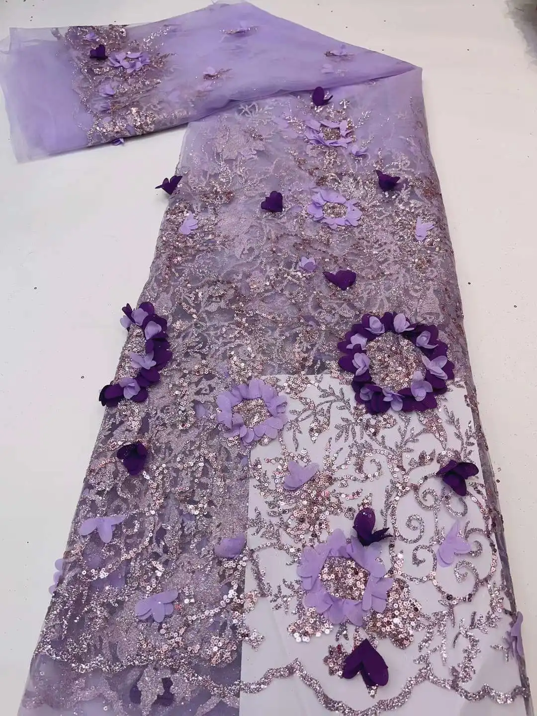 

Pretty Design Glued Glitter Base Lace With Flowers 3D Embroidery French Tulle Net, African Lace For Evening Dresses Weddings