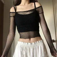 Goth Fishnet Grunge Mall Gothic Women's Sexy T-shirts Punk Black White Transparent Basic Crop Tops Skinny Fashion Clothing Alt 1