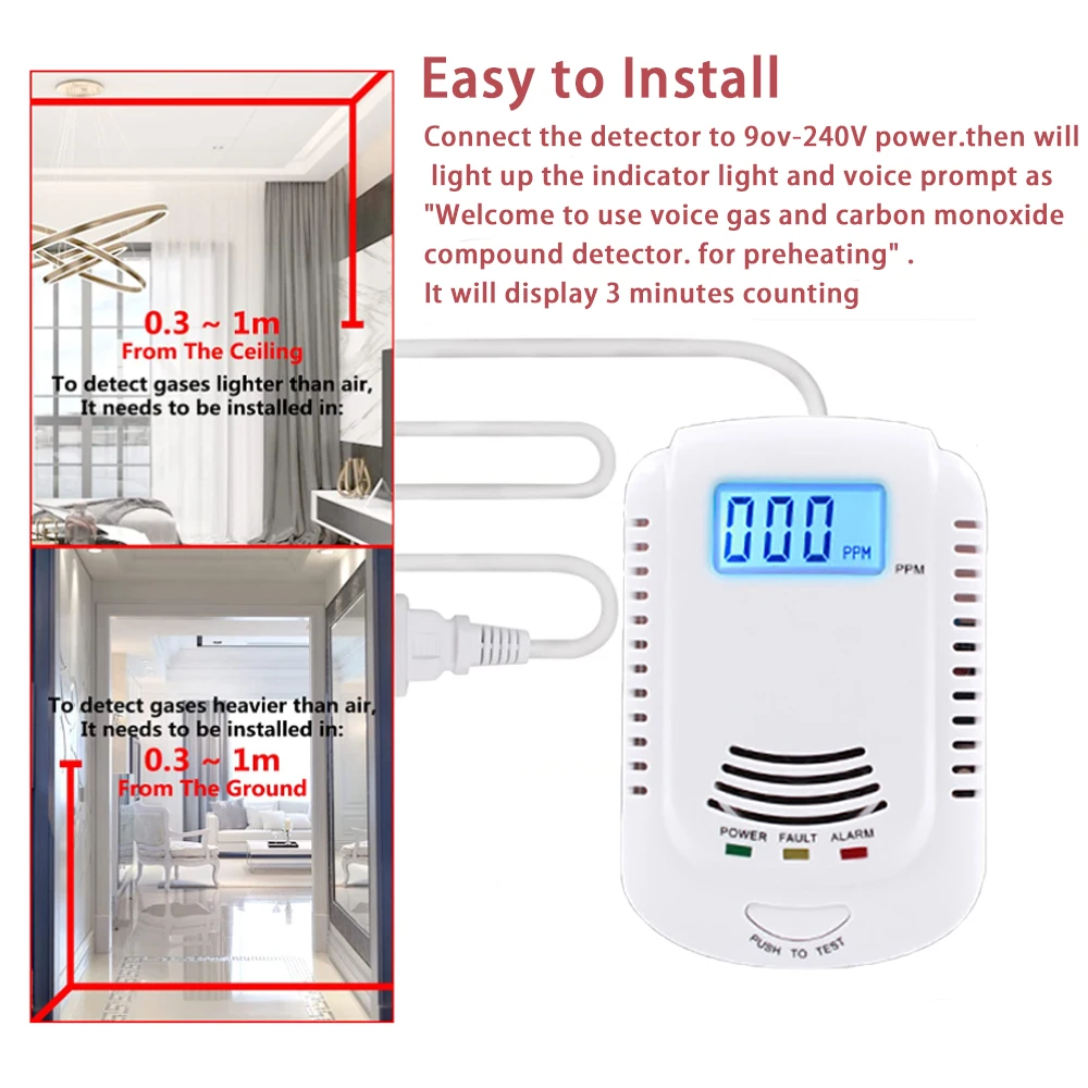 Combination CO Gas Leak Sensor Voice Warning Kitchen Alarm Toxic Carbon Monoxide Combustible Natural Gas Detect for CH4 Methane