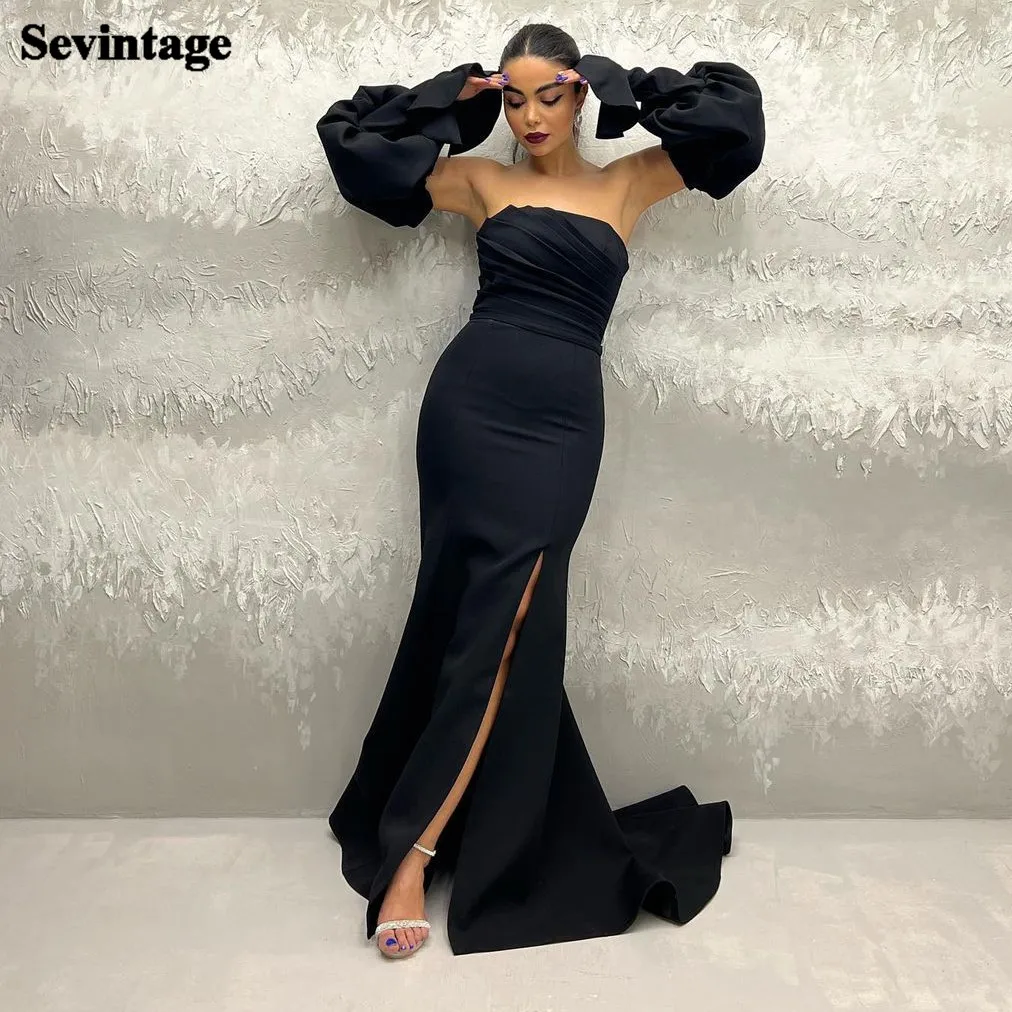 

Sevintage Elegant Mermaid Evening Dresses Detachable Long Sleeves Slit Black Strapless Formal Prom Party Gowns Women Club Wear