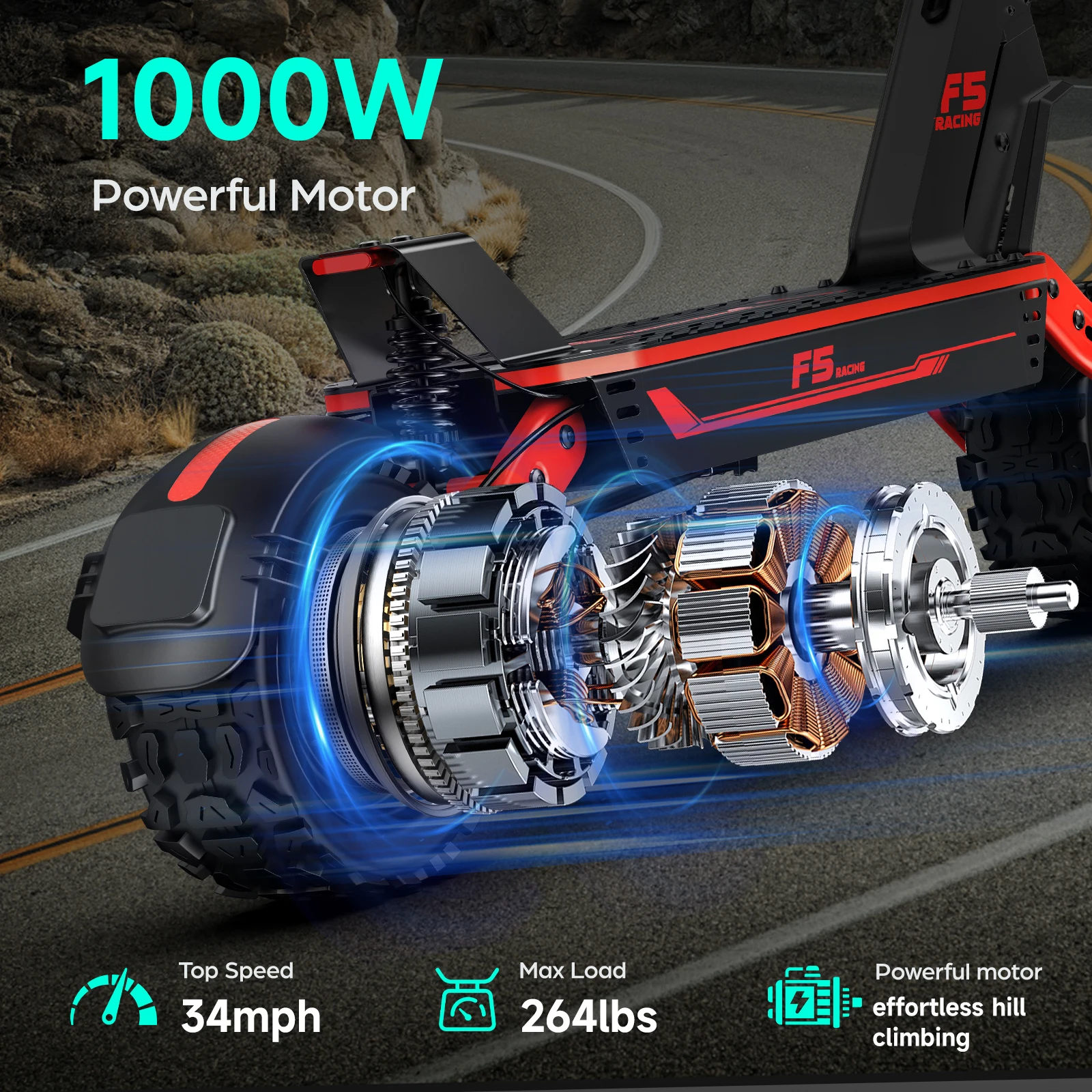 Monopattino Elettrico Gokeep F5 1000W 52V 20Ah 11" Fuoristrada Pieghevole per Pendolari con Doppia Sospensione Idraulica 70km 55km/h Rosso - immagine 3