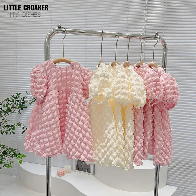 

Korean Style Summer Clothes Kid Girl Dress Round Collar Short Puff Sleeves White Pink Mesh Princess Dress Children Clothing